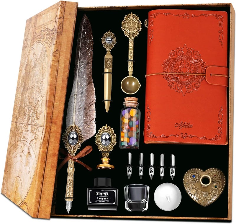 Aifeiter Feather Pen Ink Set,Includes Quill Pen,Notebook,Ink,5 Replaceable Nibs,Pen Holder,Cup,Seal Stamp,Spoon,Wax Bead,White Wax,Envelope & Letter Paper Etc.Feather Calligraphy Pen Set-Grey - Image 1